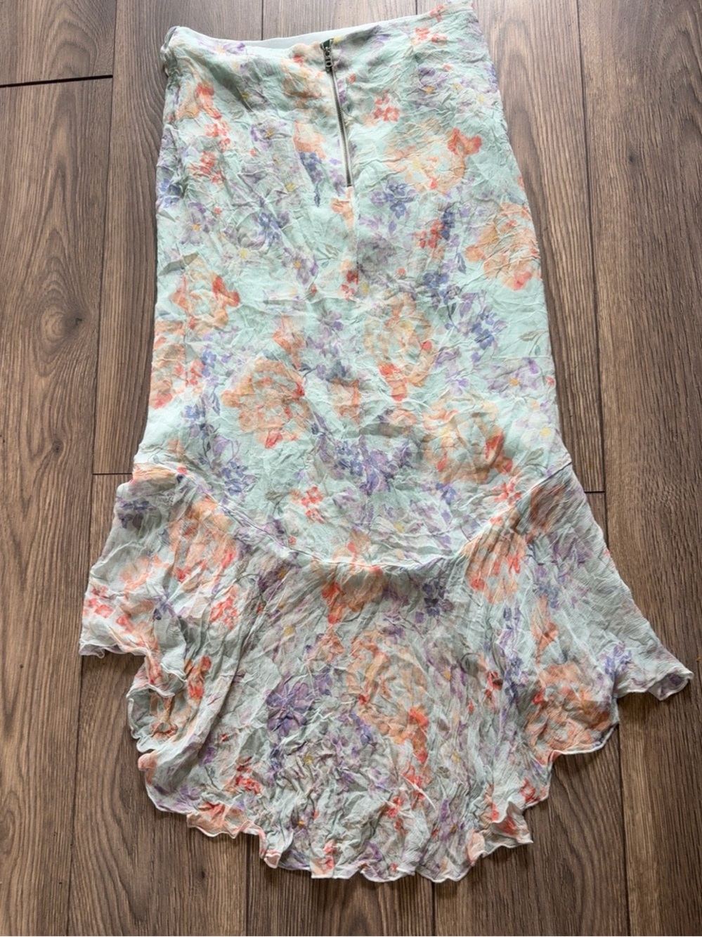 Alice + Olivia Floral Ruffle Asymmetrical Midi Skirt Size 8 Mint Green Silk-Look - Picture 10 of 13